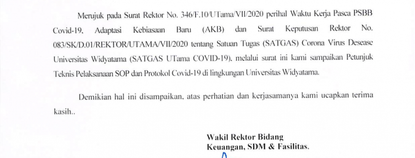 Petunjuk Teknis Pelaksanaan SOP dan Protokoler Covid-19 di Lingkungan Universitas Widyatama