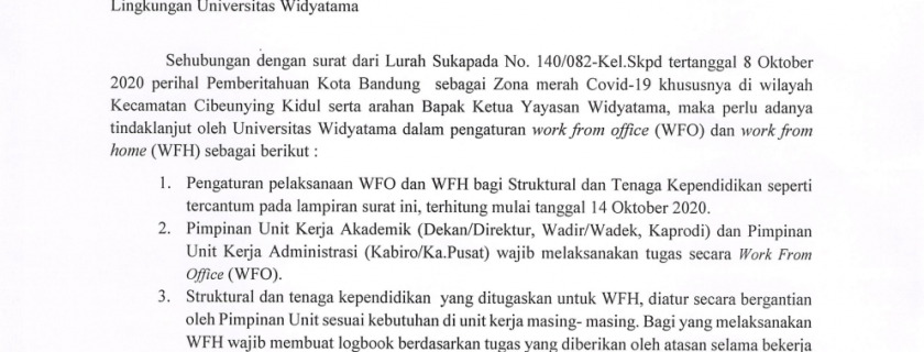 Surat Wakil Rektor Bid. Keuangan, SDM & Fasilitas No. 046 tentang Teknis Pelaksanaan WFO & WFH